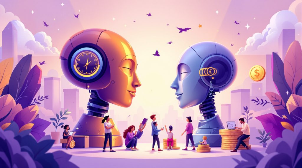 Diverse UK financial advisors collaborating with AI technology displaying data analytics and advisory tools in a modern office.